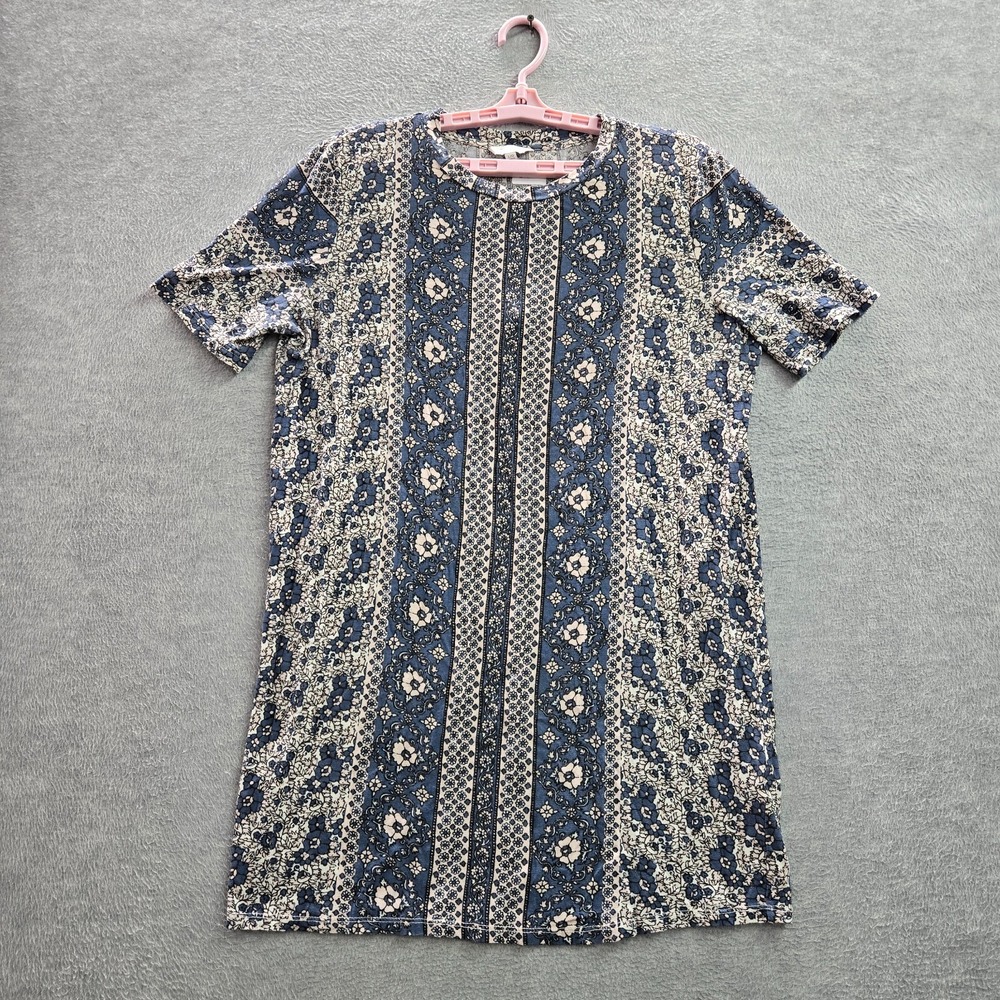 Lucky Brand Women Dress L Blue Floral Cotton Viscose‎ Linen Crew Neck Pullover